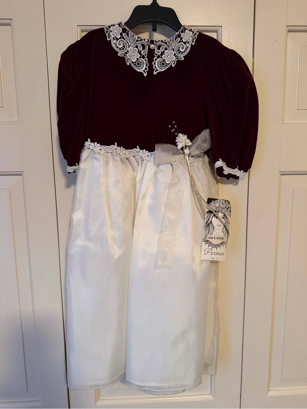 Formal Girls Velvet and Satin Dress with Lace Collar in Burgundy and Ivory
